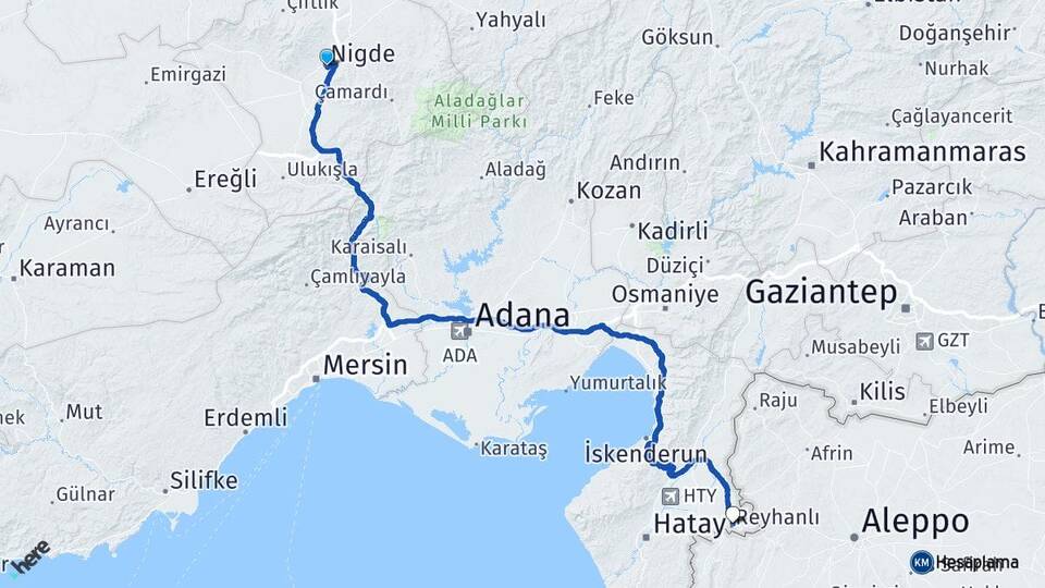 Niğde Reyhanlı Hatay Arası Kaç Km - Yol Haritası
