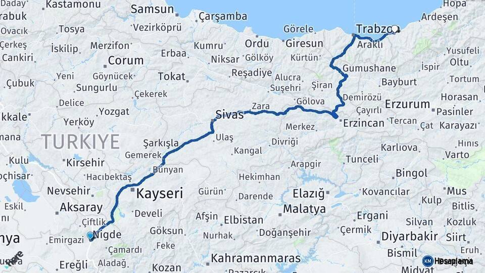 Niğde Rize Arası Kaç Km - Yol Haritası