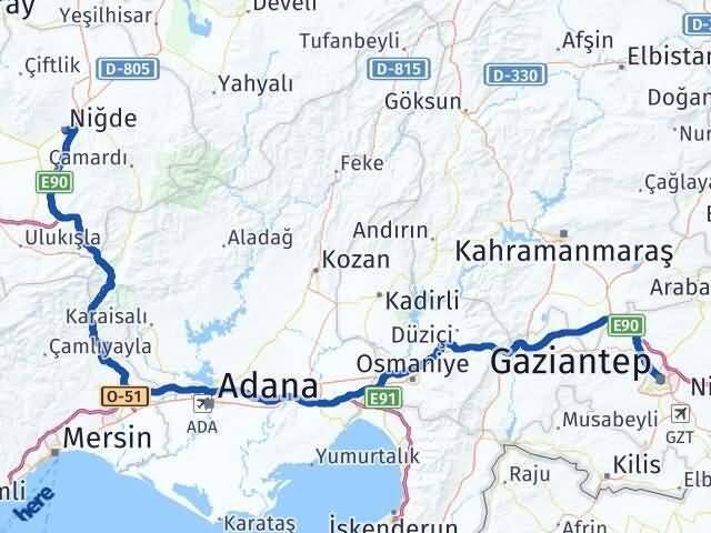 Niğde Şahinbey Gaziantep Arası Kaç Km - Yol Haritası
