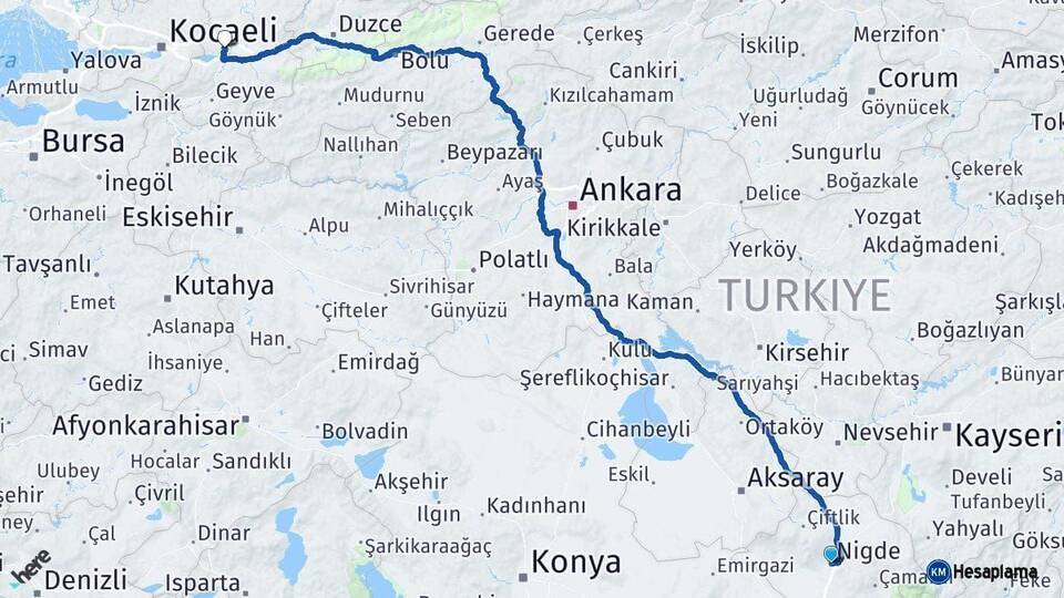 Niğde Sakarya Arası Kaç Km - Yol Haritası