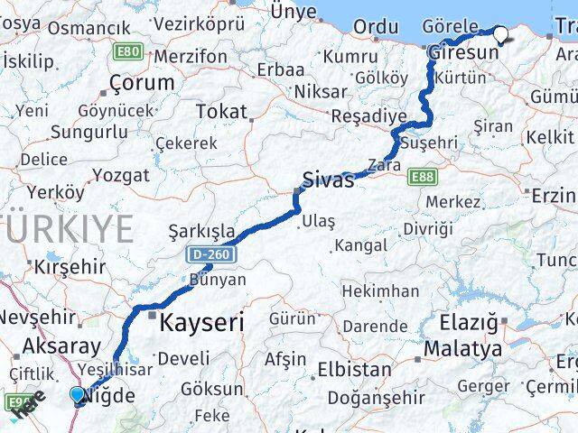Niğde Şalpazarı Trabzon Arası Kaç Km - Yol Haritası