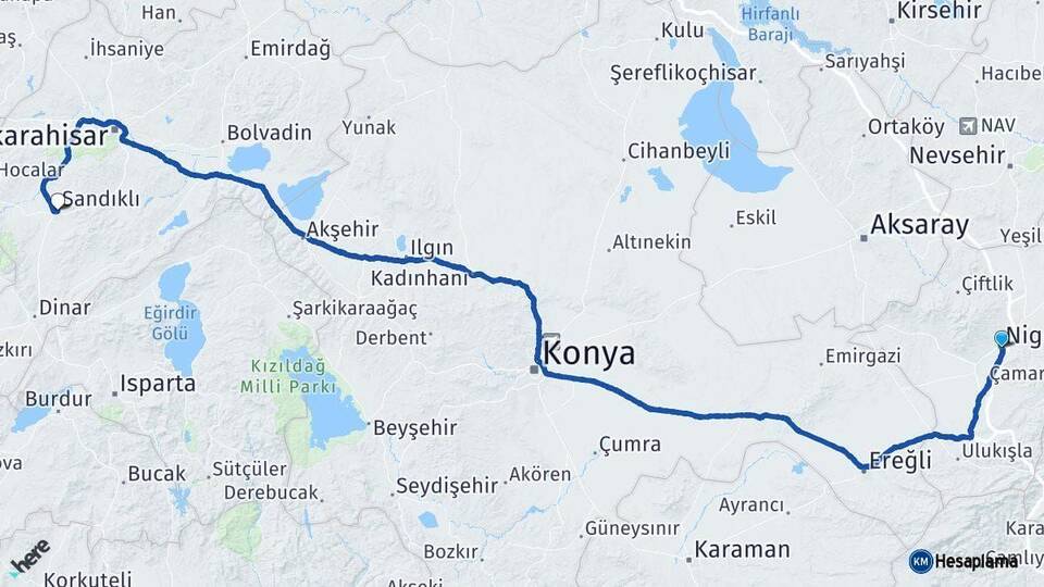 Niğde Sandıklı Afyonkarahisar Arası Kaç Km - Yol Haritası