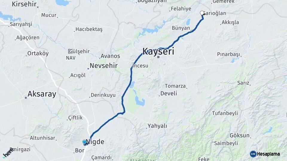 Niğde Sarıoğlan Kayseri Arası Kaç Km - Yol Haritası