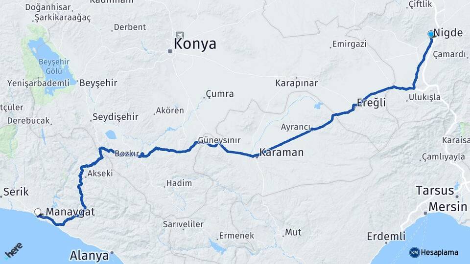 Niğde Side Manavgat Antalya Arası Kaç Km - Yol Haritası