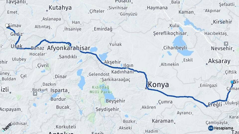 Niğde Simav Kütahya Arası Kaç Km - Yol Haritası