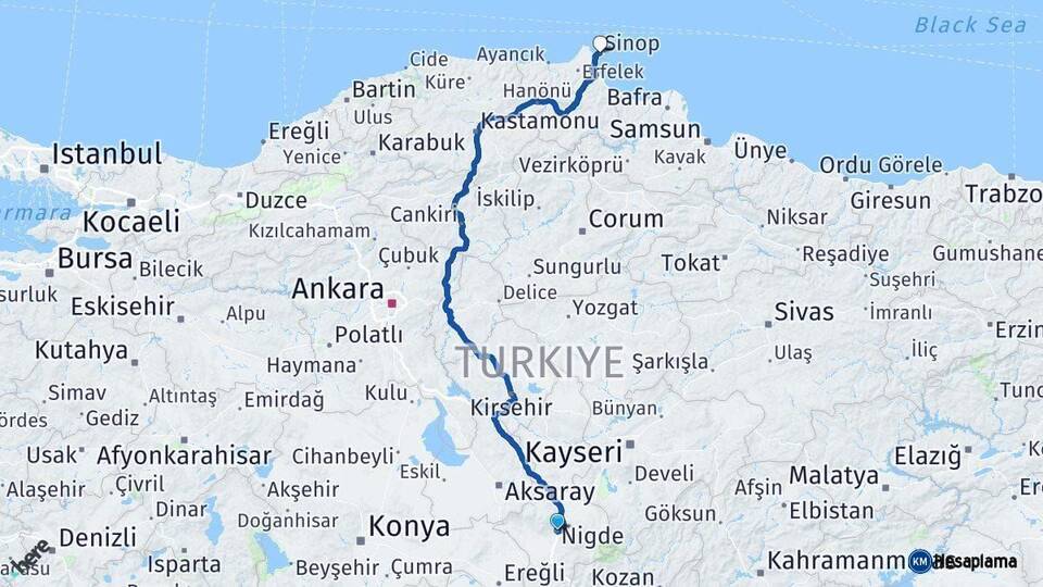 Niğde Sinop Arası Kaç Km - Yol Haritası