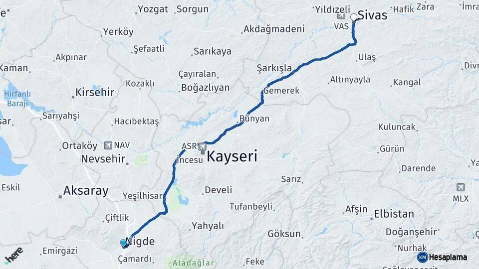 Niğde Sivas Arası Kaç Km - Yol Haritası