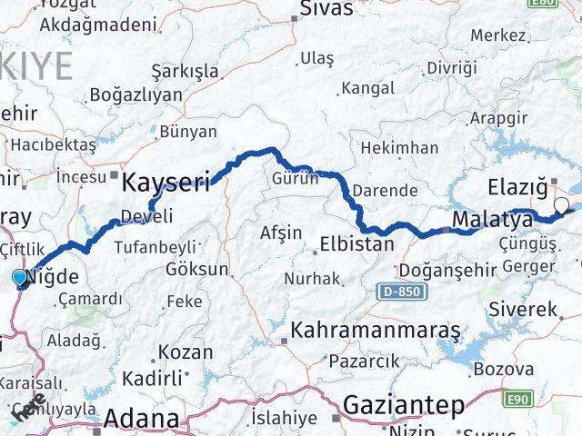 Niğde Sivrice Elazığ Arası Kaç Km - Yol Haritası