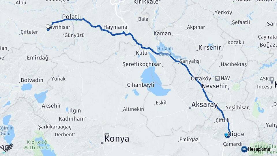 Niğde Sivrihisar Eskişehir Arası Kaç Km - Yol Haritası