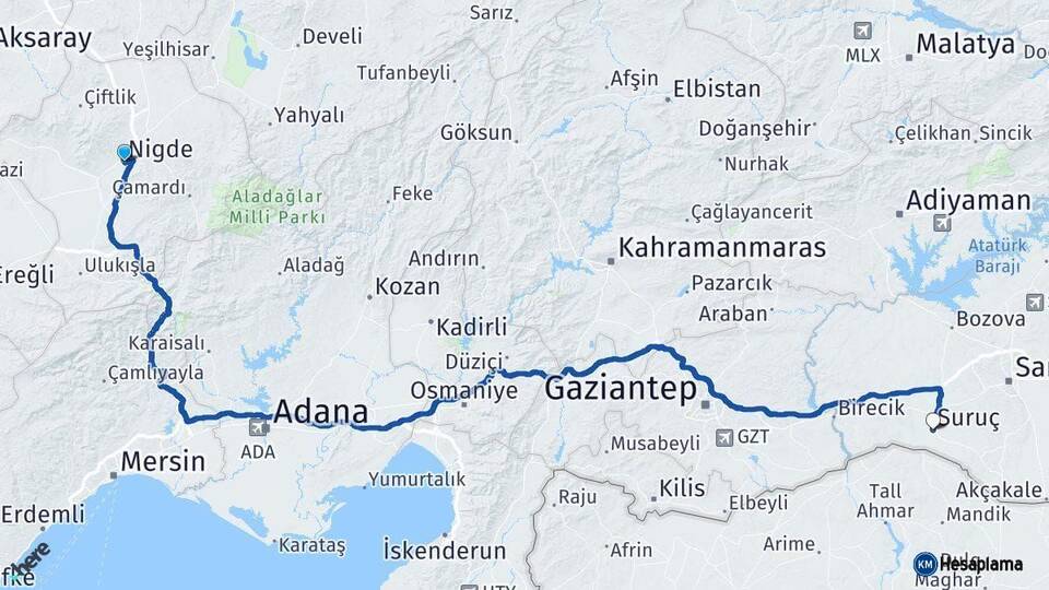 Niğde Suruç Şanlıurfa Arası Kaç Km - Yol Haritası