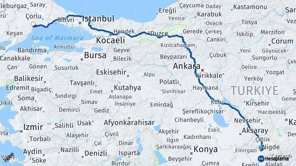 Niğde Tekirdağ Arası Kaç Km - Yol Haritası