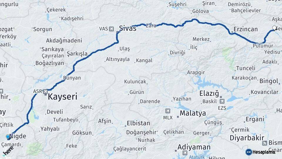 Niğde Tercan Erzincan Arası Kaç Km - Yol Haritası