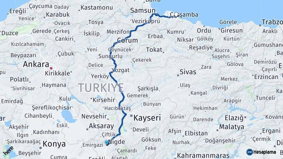 Niğde Terme Samsun Arası Kaç Km - Yol Haritası