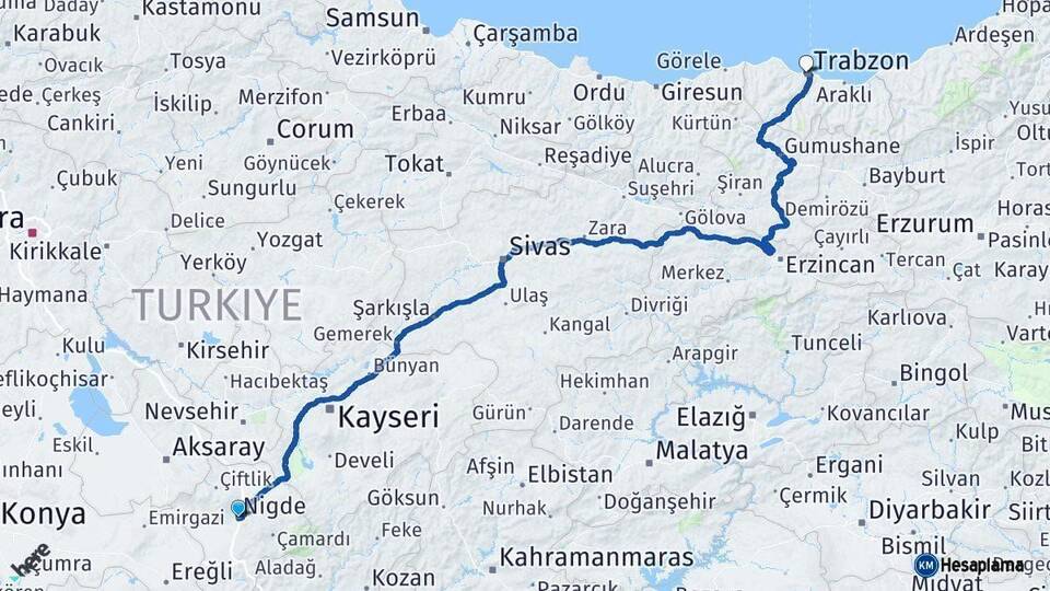 Niğde Trabzon Arası Kaç Km - Yol Haritası
