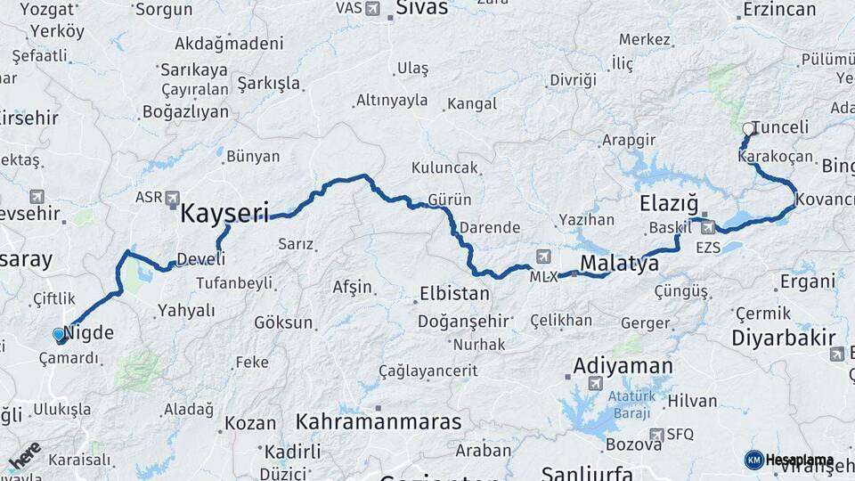 Niğde Tunceli Arası Kaç Km - Yol Haritası