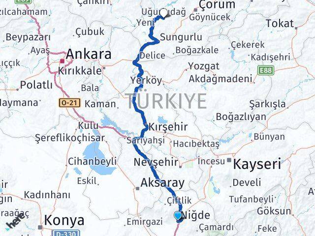 Niğde Uğurludağ Çorum Arası Kaç Km - Yol Haritası