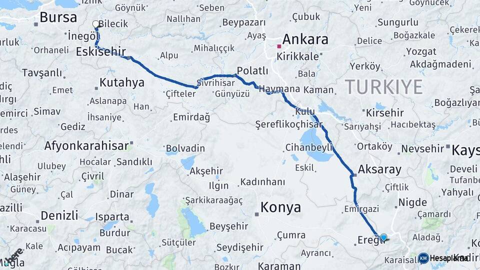 Niğde Ulukışla Bilecik Arası Kaç Km - Yol Haritası