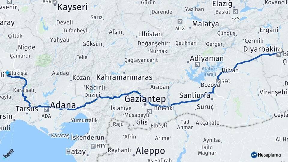 Niğde Ulukışla Diyarbakır Arası Kaç Km - Yol Haritası