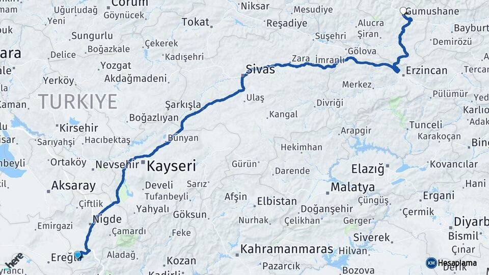 Niğde Ulukışla Gümüşhane Arası Kaç Km - Yol Haritası