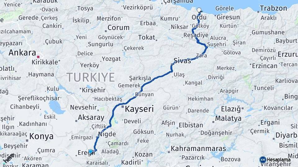 Niğde Ulukışla Ordu Arası Kaç Km - Yol Haritası