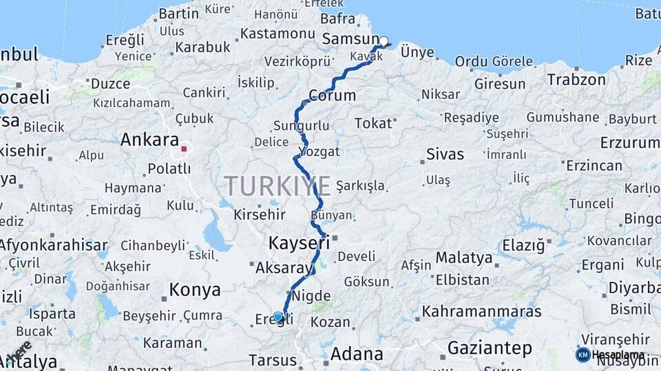 Niğde Ulukışla Samsun Arası Kaç Km - Yol Haritası