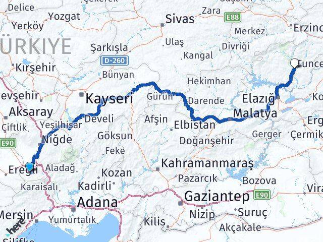 Niğde Ulukışla Tunceli Arası Kaç Km - Yol Haritası