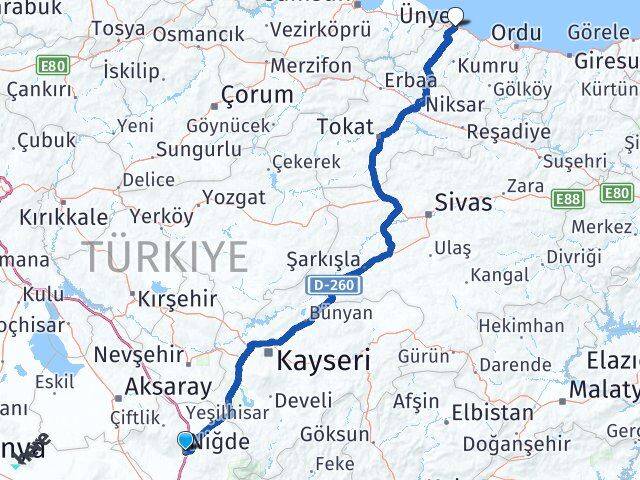 Niğde Ünye Ordu Arası Kaç Km - Yol Haritası