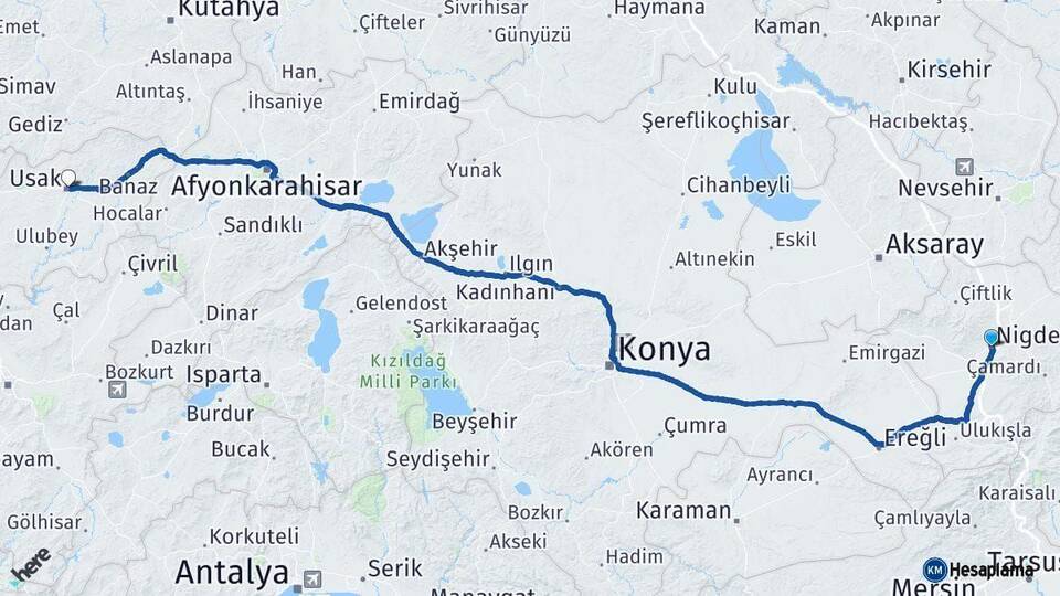 Niğde Uşak Arası Kaç Km - Yol Haritası
