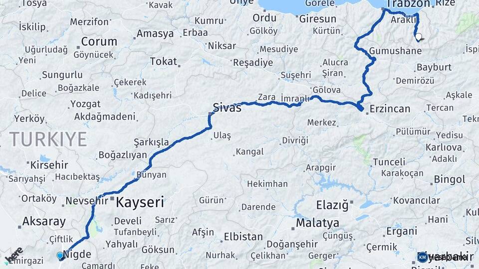 Niğde Uzungöl Çaykara Trabzon Arası Kaç Km - Yol Haritası