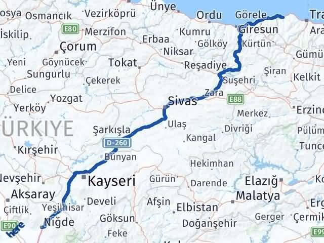 Niğde Vakfıkebir Trabzon Arası Kaç Km - Yol Haritası