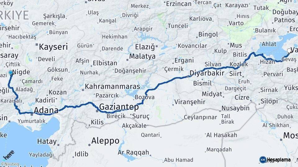 Niğde Van Arası Kaç Km - Yol Haritası