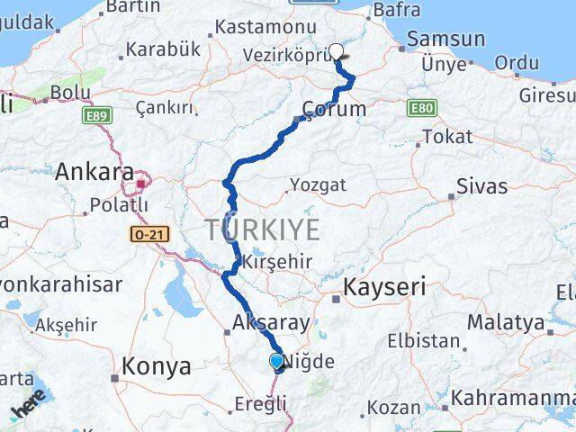 Niğde Vezirköprü Samsun Arası Kaç Km - Yol Haritası