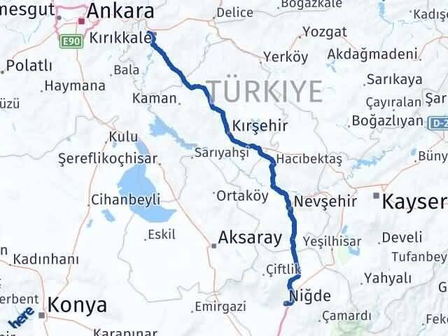 Niğde Yahşihan Kırıkkale Arası Kaç Km - Yol Haritası