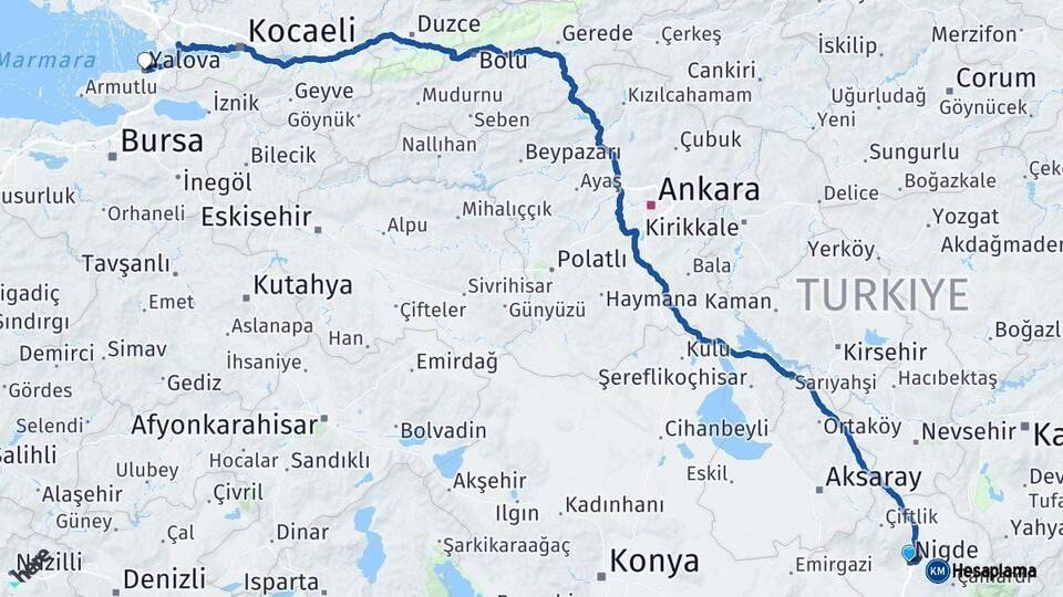 Niğde Yalova Arası Kaç Km - Yol Haritası