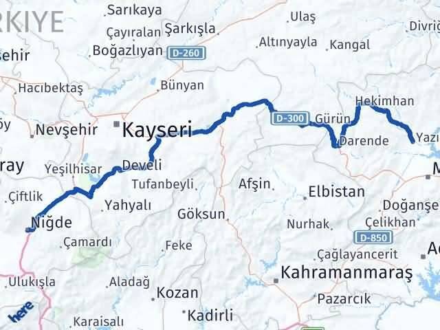 Niğde Yazıhan Malatya Arası Kaç Km - Yol Haritası