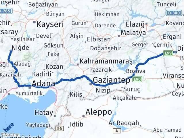 Niğde Yenişehir Diyarbakır Arası Kaç Km - Yol Haritası