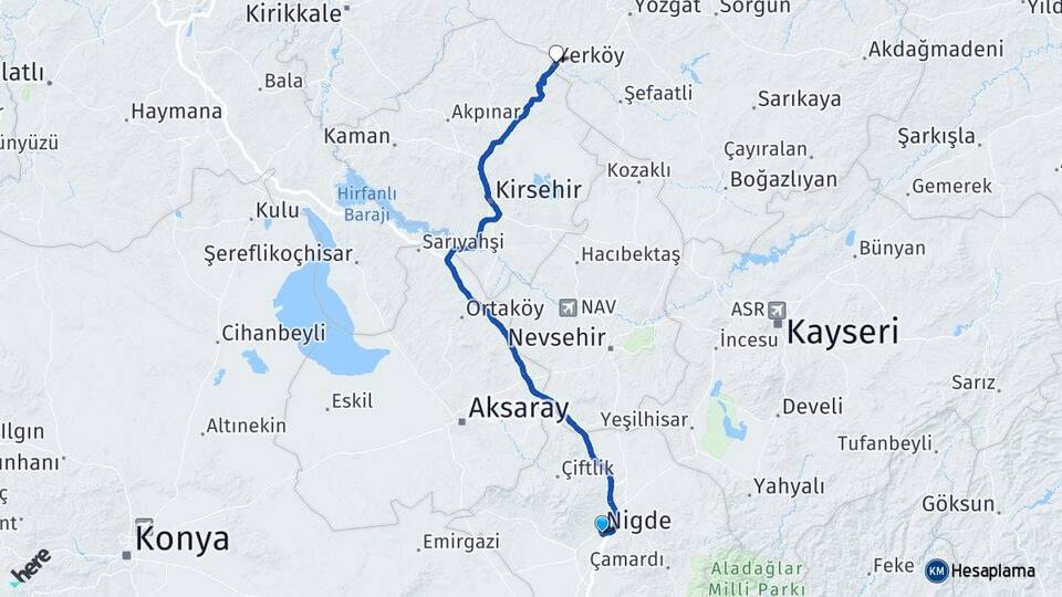 Niğde Yerköy Yozgat Arası Kaç Km - Yol Haritası