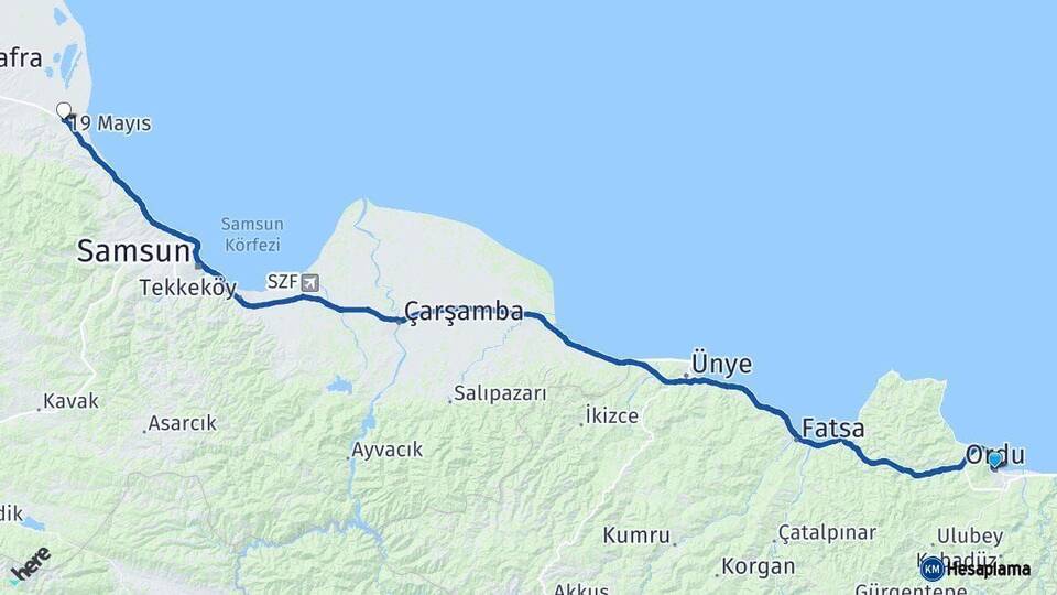 Ordu 19 Mayıs Samsun Arası Kaç Km - Yol Haritası