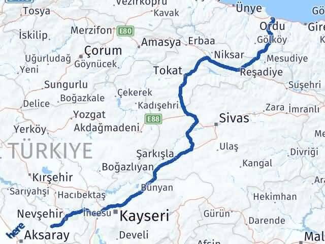 Ordu Acıgöl Nevşehir Arası Kaç Km - Yol Haritası