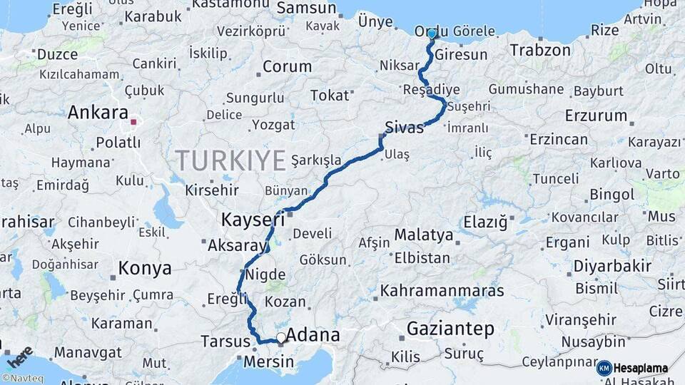 Ordu Adana Arası Kaç Km - Yol Haritası
