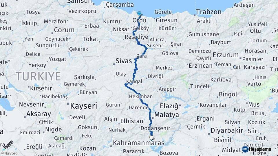 Ordu Adıyaman Arası Kaç Km - Yol Haritası