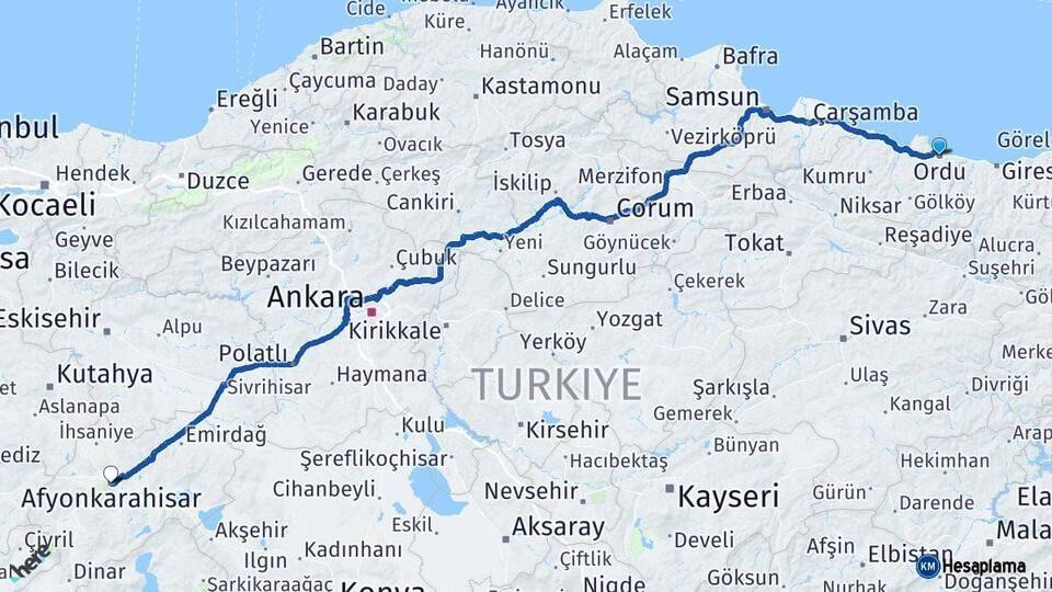 Ordu Afyonkarahisar Arası Kaç Km - Yol Haritası