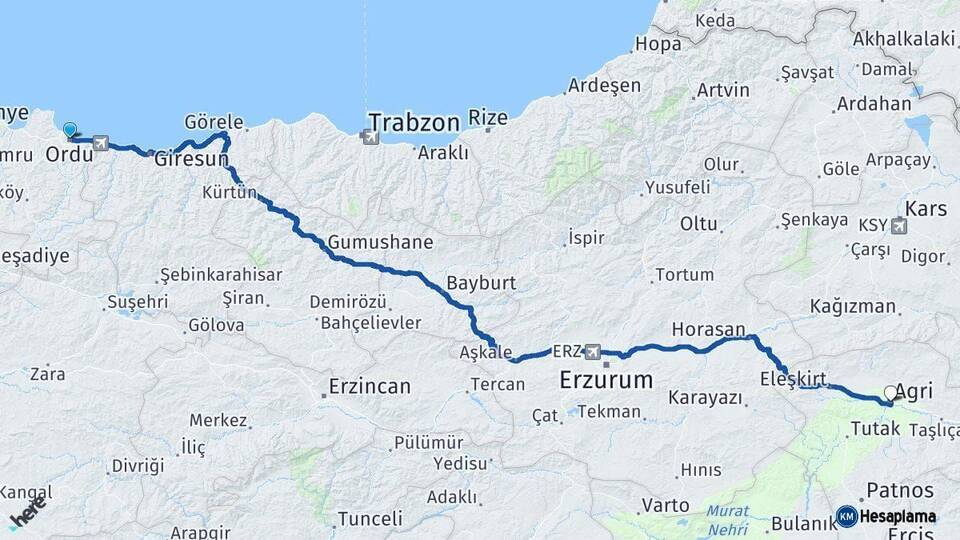 Ordu Ağrı Arası Kaç Km - Yol Haritası
