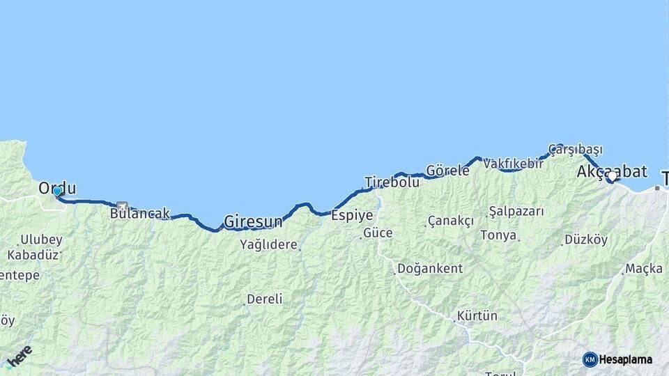 Ordu Akçaabat Trabzon Arası Kaç Km - Yol Haritası