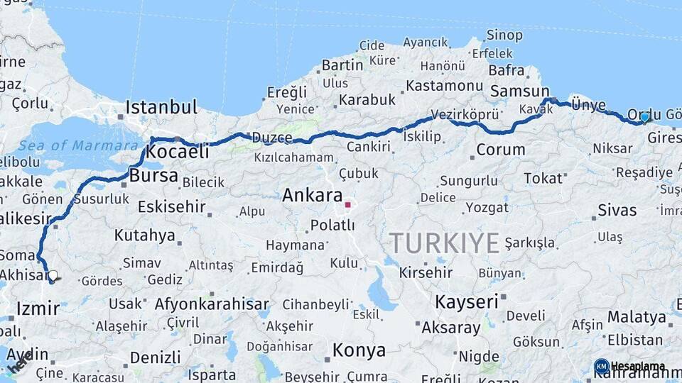 Ordu Akhisar Manisa Arası Kaç Km - Yol Haritası