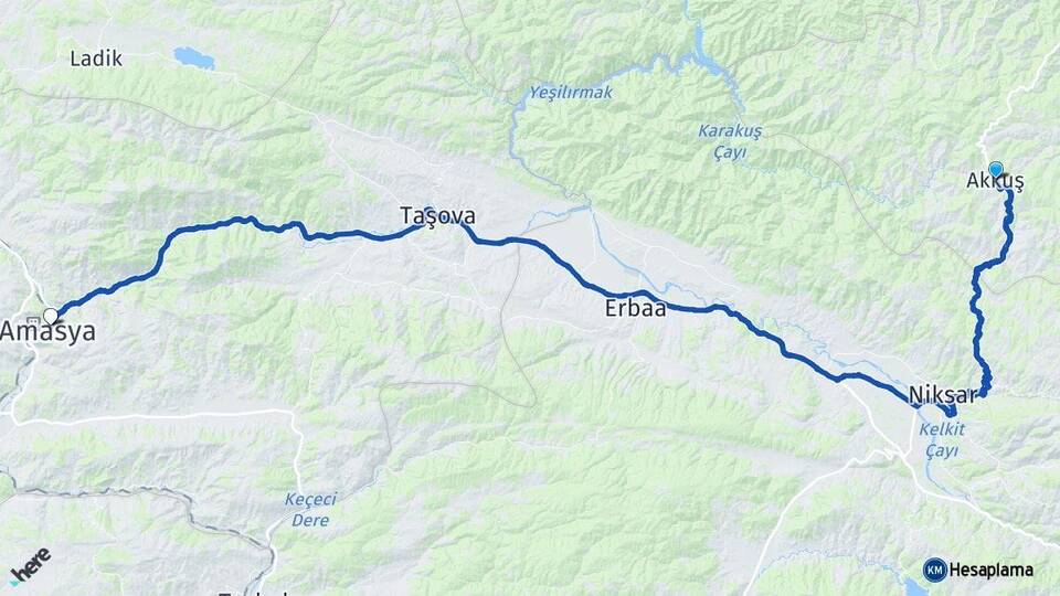 Ordu Akkuş Amasya Arası Kaç Km - Yol Haritası