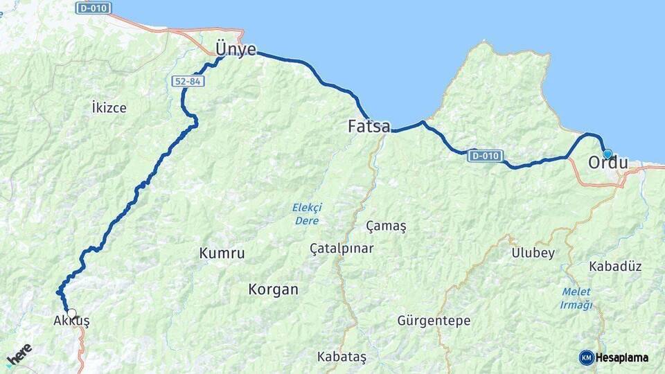 Ordu Akkuş Arası Kaç Km - Yol Haritası
