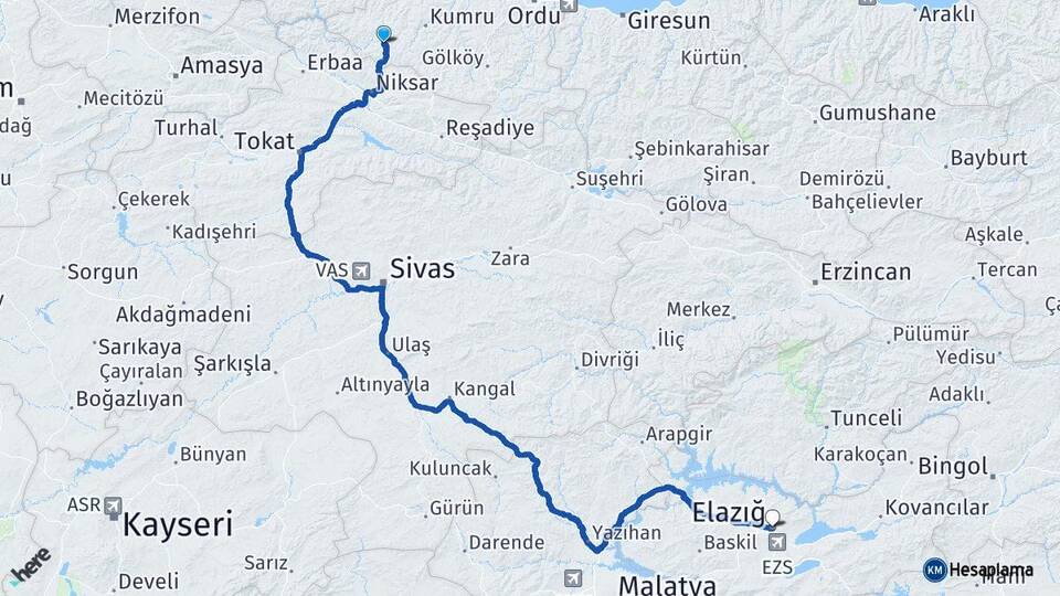 Ordu Akkuş Elazığ Arası Kaç Km - Yol Haritası