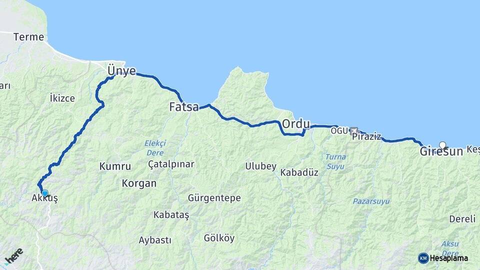 Ordu Akkuş Giresun Arası Kaç Km - Yol Haritası