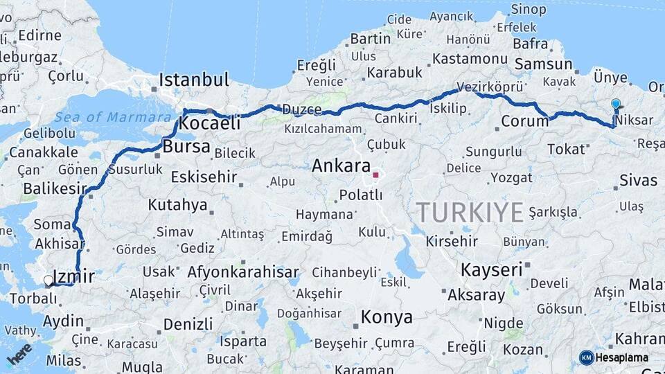 Ordu Akkuş İzmir Arası Kaç Km - Yol Haritası